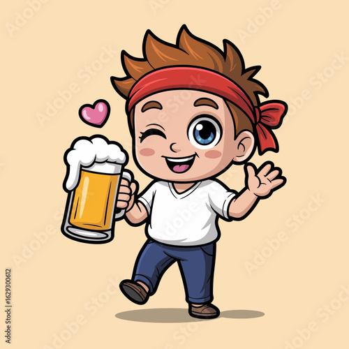 A playful kid winks at the viewer while holding a beer mug, showcasing a fun and carefree spirit, ideal for projects targeting joyful and humorous themes for various audiences.