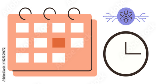 Calendar with highlighted date, clock, and science icon symbolizing time management, scheduling, innovation, project planning, education, deadlines research. Ideal for simple flat metaphor