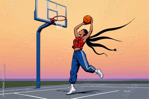 Female Basketball Player Slam Dunk in Bold Streetwear, Empowering Sports Vector Art