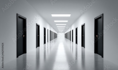 Empty white hallway with black doors