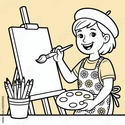 An artistic girl with a beret holds a paint palette in one hand and a brush in another, ready to create on a blank canvas, expressing her vibrant creativity and joy.