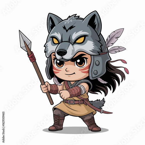 This chibi-style illustration depicts a fierce warrior wearing a wolf helmet, brandishing a spear, capturing the essence of bravery and adventure in a whimsical art form.