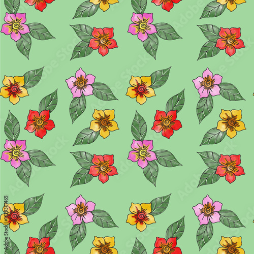 Seamlessly Patterned Decorative Floral Design with Flowers and Leaves. Ideal for decorating textiles, wallpapers, or packaging designs, bringing a lively and natural look.
