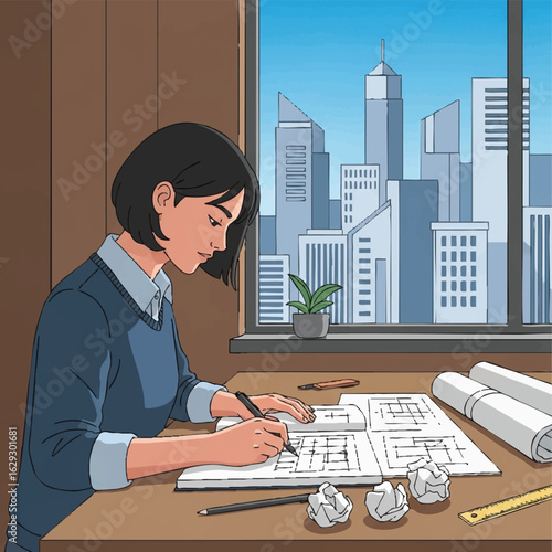 An industrious female architect meticulously draws building plans at her desk, with a modern city skyline visible through the large window.