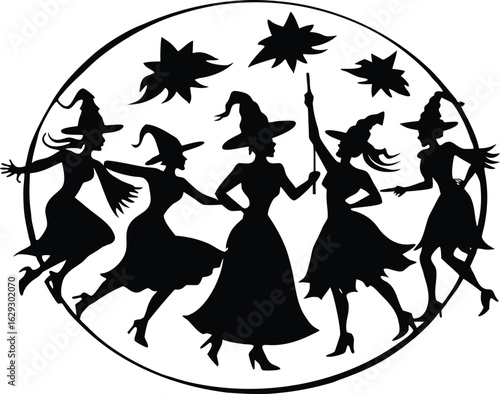 Halloween witches circle silhouette clipart vector design mystical witch ritual decoration art
