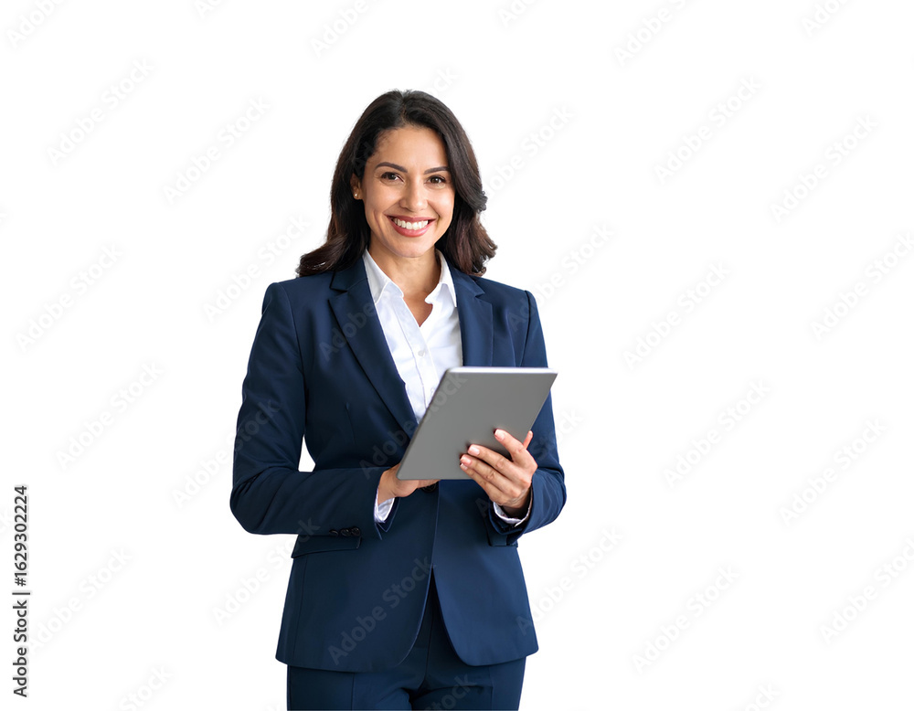 Confident executive manager in formal suit smiling while holding a tablet, isolated on transparent background Confident executive manager in formal suit smiling while holding a tablet, isolated on transparent background