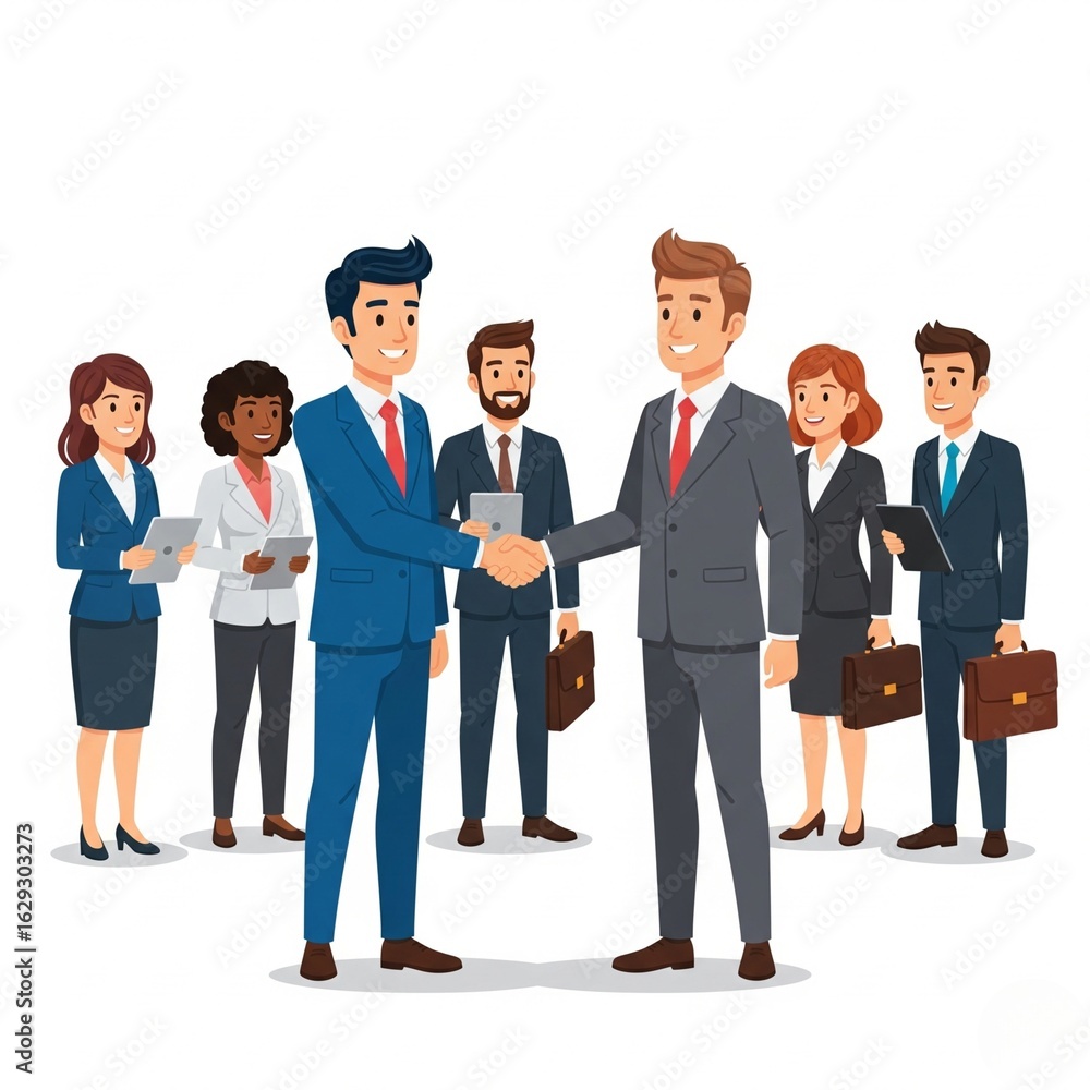 a flat style of business people with two men in suits in the center shaking hands. a flat style of business people with two men in suits in the center shaking hands.