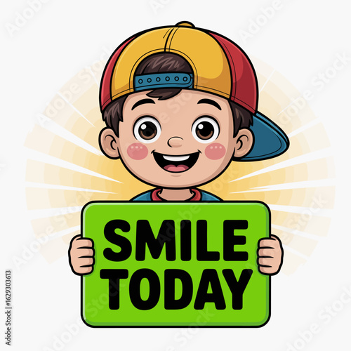 A vibrant and joyful illustration featuring a cheerful boy wearing a colorful cap, holding a bright green sign that says 'Smile Today', promoting positivity and happiness.