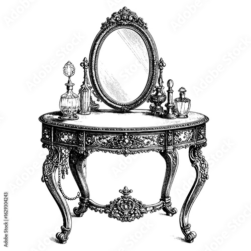 Victorian Vanity Table with Mirror – Vintage Etching Style