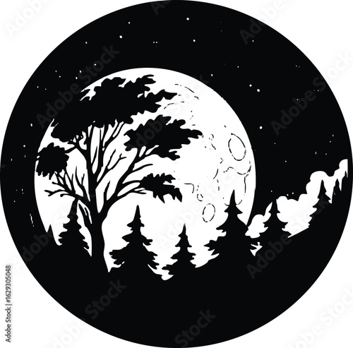 Full moon silhouette vector illustration clipart night sky bright lunar eclipse moonlight art 
