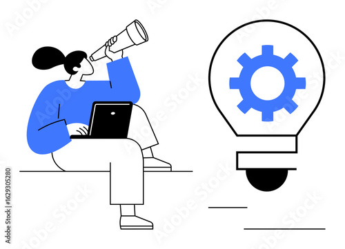 Woman seated with a laptop peers through a telescope towards a gear in a light bulb, symbolizing exploration, innovation, and problem-solving. Ideal for creativity, research, strategy, teamwork