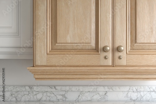 Closeup of light-colored wooden kitchen cabinets, a trim molding, and marble countertop