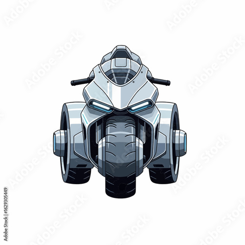Futuristic Three-Wheeled Motorcycle from Front View Isolated on White Background