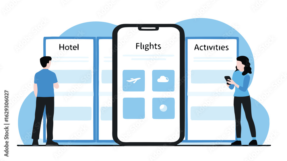 Obraz premium Illustration of a travel app with hotel flights and activities and people using the application interface