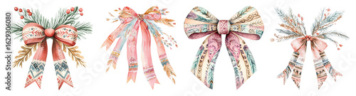 Four watercolor bows with festive pine needles and berries featuring bohemian patterns transparent background