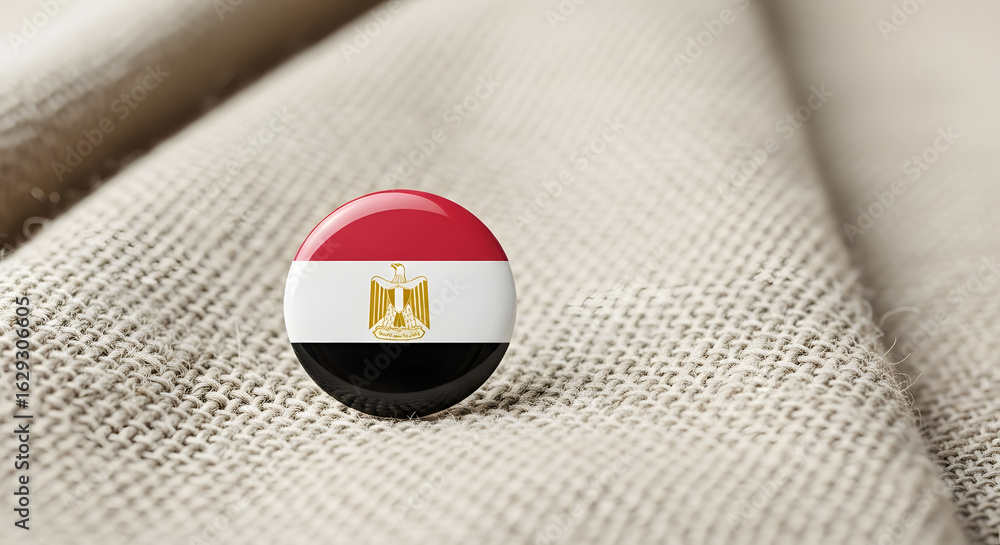 Naklejka premium Egyptian flag pin rests on beige fabric.