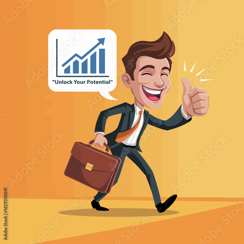 An enthusiastic businessman with a thumbs up while walking, symbolizing the unlocking of potential with a growth chart in a speech bubble, representing excitement and ambition.