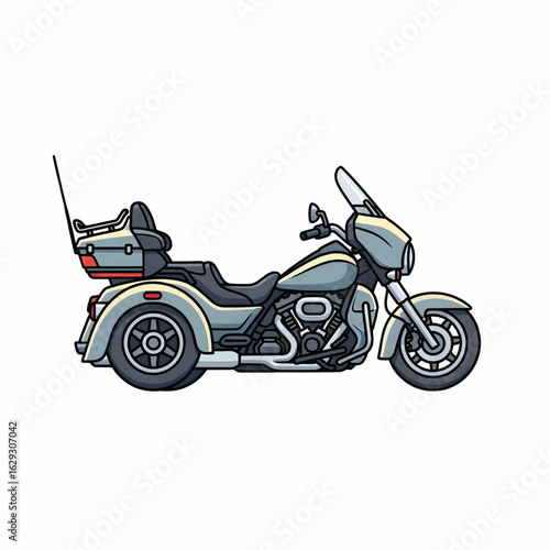 Black road cruiser motorcycle with sidecar and retro styling on white background