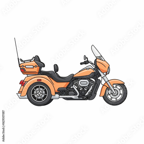 Orange touring motorcycle with classic cruiser styling and saddlebags on white background
