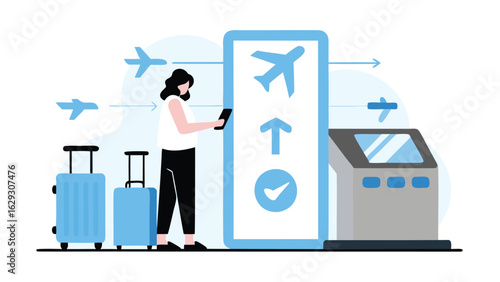 Woman using phone at airport check in kiosk with luggage and planes in the background near machine