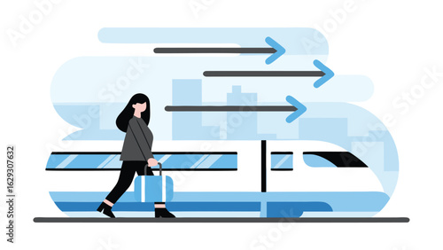 Woman with a suitcase walking past a high speed train with motion lines in a city background scene