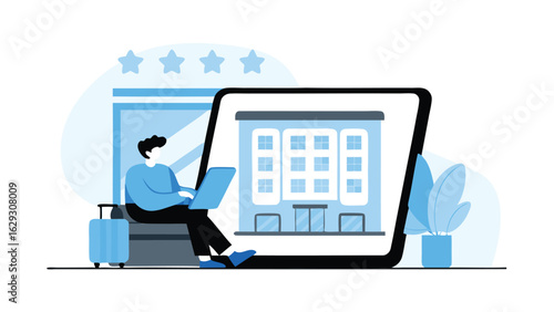Man booking hotel online with laptop next to suitcase and hotel rating stars and potted plant on the floor