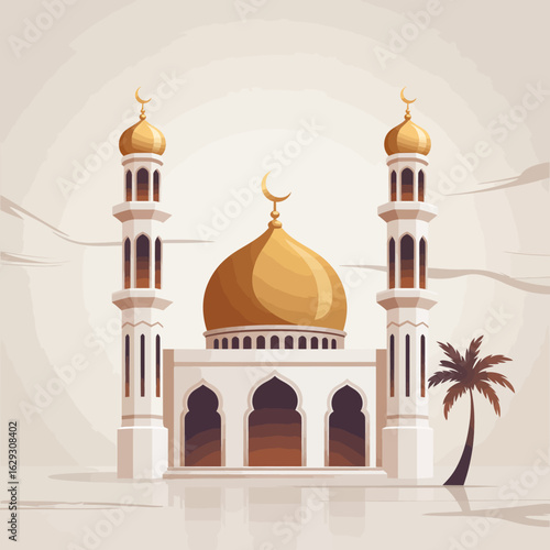 A minimalistic illustration of a graceful mosque with golden domes and a palm tree, reflecting tranquility and peacefulness in a harmonious architectural design against a light background.
