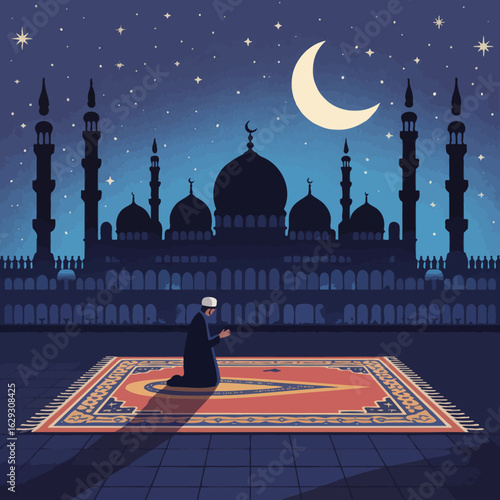 A figure kneeling in prayer on a beautifully designed carpet, surrounded by magnificent mosque architecture and a star-filled night sky, representing devotion and connection.