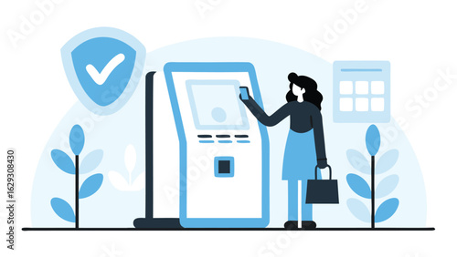 Woman using a kiosk with a phone next to a security shield and a calendar in a light blue scene