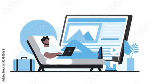 Man relaxing on a lounge chair with a laptop in front of a large screen and travel suitcase nearby