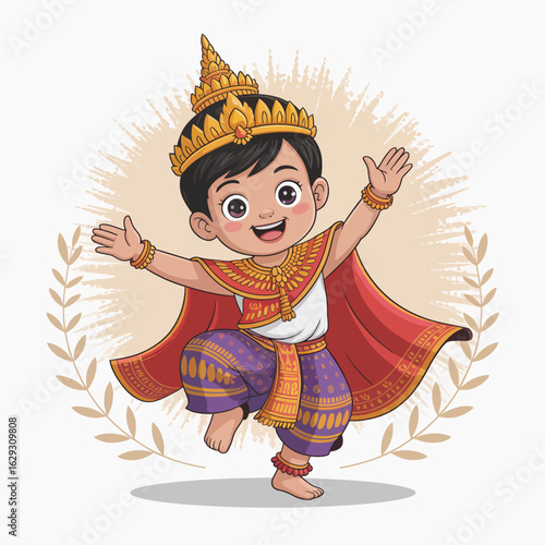 A cheerful boy dressed in colorful traditional attire, joyfully dancing with an energetic expression, celebrating a cultural festival or special occasion in playful exuberance.