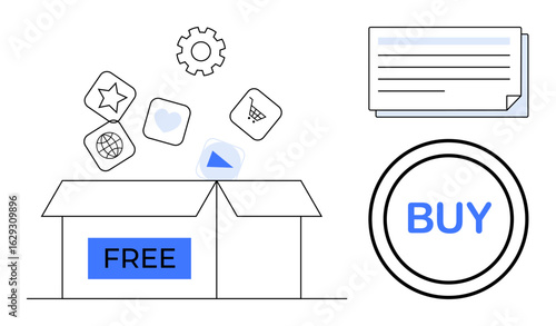 Open box labeled free with icons for apps, gear, cart, star, heart. BUY circle and page stack nearby. Ideal for ecommerce, offers, marketing choices subscription decision-making simple flat