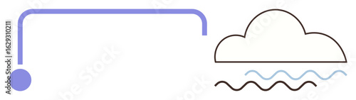 Minimalist design of a blue network line linking a node to a cloud above wavy lines. Ideal for technology, data storage, networking, internet, communication, connectivity, modern tech processes