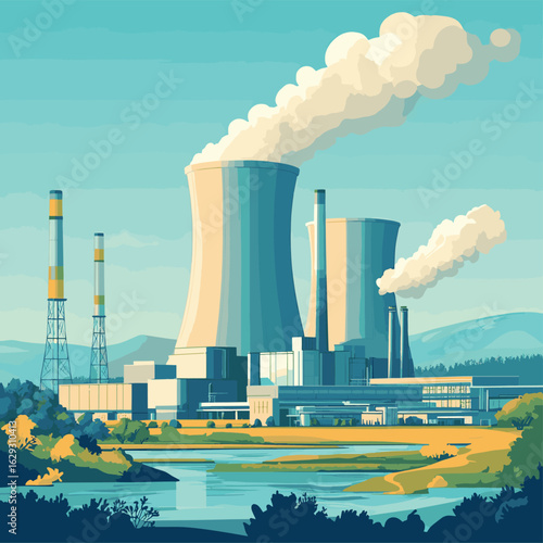 Create a detailed vector illustration of an offshore wind farm, showcasing turbines, support structures, and underwater cables