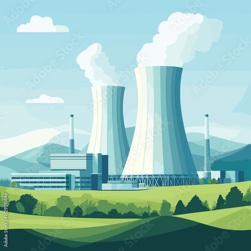 Create a detailed vector illustration of an offshore wind farm, showcasing turbines, support structures, and underwater cables