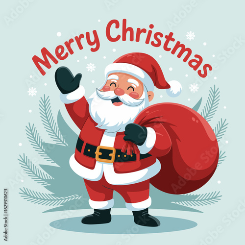 A lively illustration of a jolly Santa Claus with a sack full of presents, highlighting the joyous essence of Christmas celebration in a cheerful and animated style.