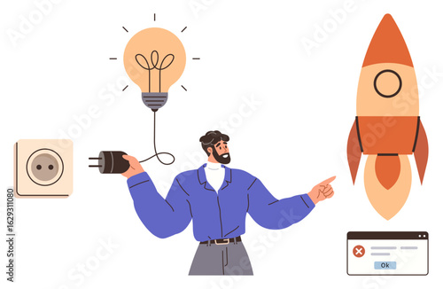 Man connects lightbulb to power socket, symbolizing energy and ideas, pointing at rocket launch concept with error notification. Ideal for innovation, startup, creativity, problem-solving, energy