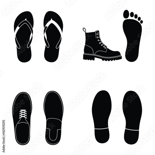 Footwear impressions and footprints vector illustration in black and white vector illustration