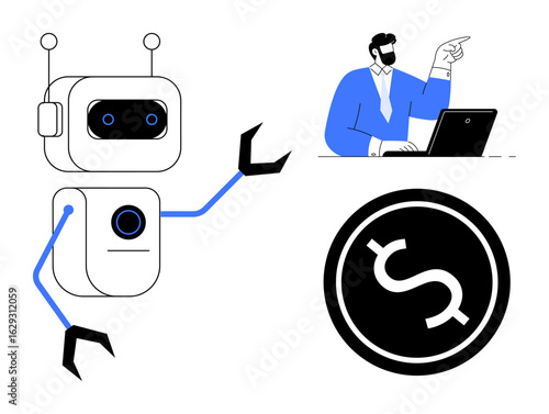 Robot with mechanical arms presenting to a businessman at a laptop alongside a dollar coin. Ideal for AI integration, innovation, finance, automation, collaboration, technology, and profit