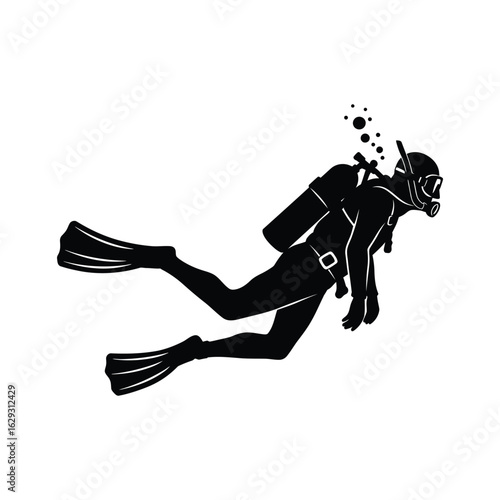 Silhouette of a Scuba vector illustration Diver Swimming Underwater with Bubbles and Diving Gear