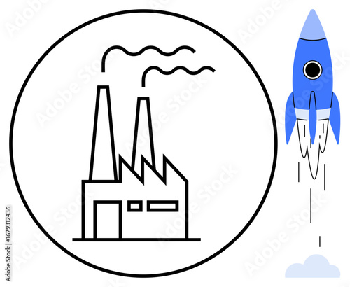 Factory with flowing smoke in a circular outline alongside a blue rocket launching skyward. Ideal for industry, innovation, growth, sustainability, productivity, startup, success, simple flat