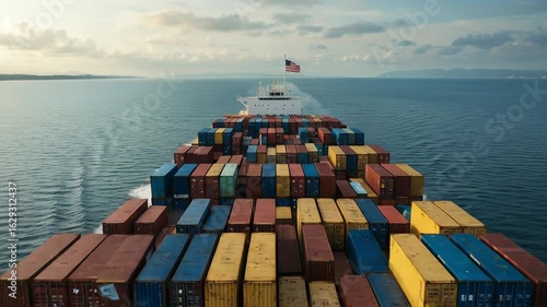 Cargo Ship Navigating Calm Waters with Colorful Shipping Containers Aerial View