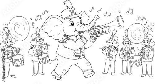 Adorable elephant marching band playing musical instruments in a parade, a fun coloring page activity for children