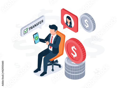 A businessman in a suit successfully completes an online money transfer using his smartphone, with coins and a recipient icon nearby.
