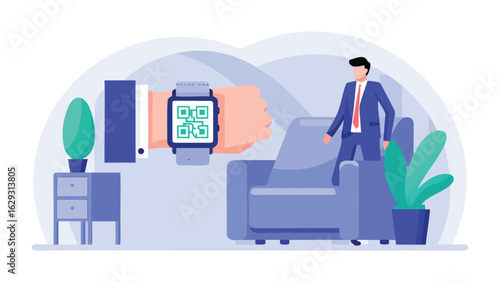 A man in a suit standing near a couch with a smartwatch displaying a qr code on his wrist in a room