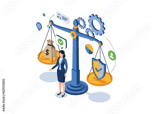 A businesswoman stands before a large scale, balancing a bag of money against a security shield, representing financial decisions and risk management.