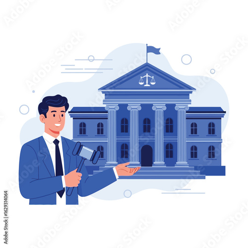 A lawyer in a suit holding a gavel presents a courthouse with scales of justice.