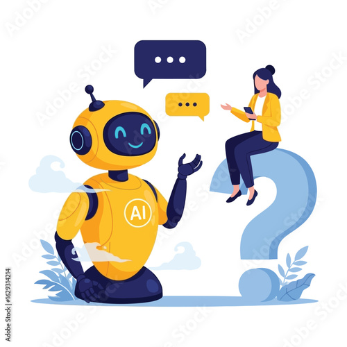 A woman sitting on a large question mark chats with a friendly AI robot assistant for online support.