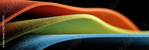 Vibrant, textured layers of colorful foam create sensuous, abstract waves against a stark black background.