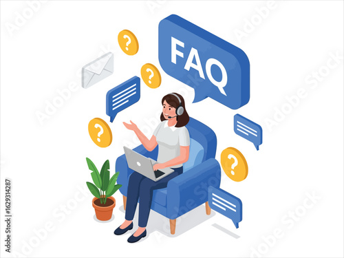 A female customer support agent with a headset and laptop provides online assistance for FAQs.
